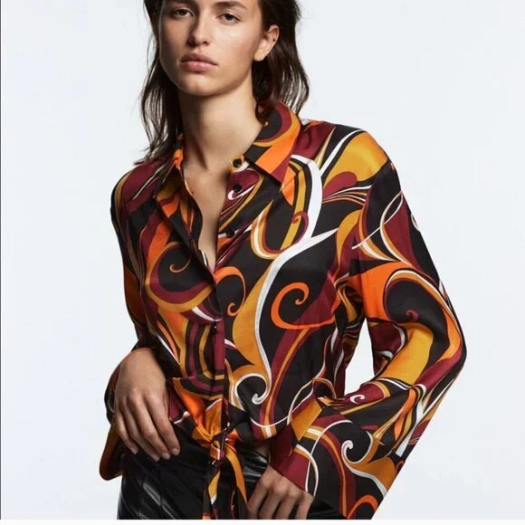 NEW Zara 70's Retro Crop Blouse Abstract Chic Bell Sleeves  Sz Small - Picture 2 of 7